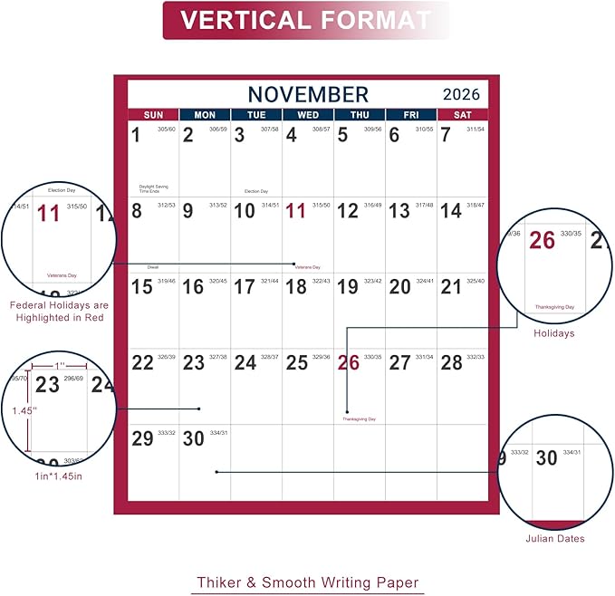 2026-2027 Yearly Wall Calendar - 2026-2027 Calendar, July 2026 - June 2027, 34.4" x 22.8"(Open), Yearly Wall Calendar 26-27, Vertical Layout, Double-Sided Round Stickers, Large Calendar - Red