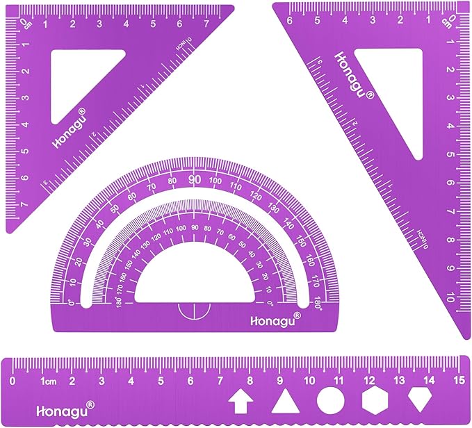 Honagu Triangular Ruler Set, 4 Pieces Aluminum Alloy Ruler, Metal Drafting Ruler, Geometric Protractor for Students,Teacher, Draftsmen, Engineers,Gift Stocking Stuffers for Kids(15cm/5.9inch, Purple)