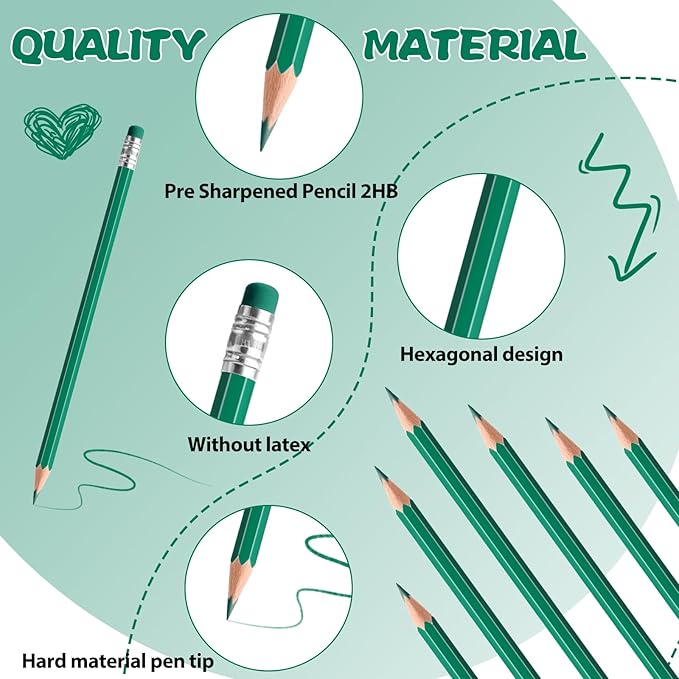 36 PCS Green Pencils with Eraser, Pre-Sharpened HB Pencils for Writing & Drawing, School Supplies for Kids Homework, Tests, Art Crafts & Teacher Grading (Green)