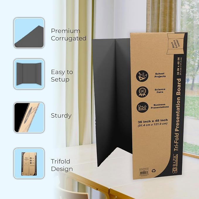 BAZIC Products Black Tri-Fold Presentation Board, 36 x 48 in, Corrugated, for Science Fair Displays