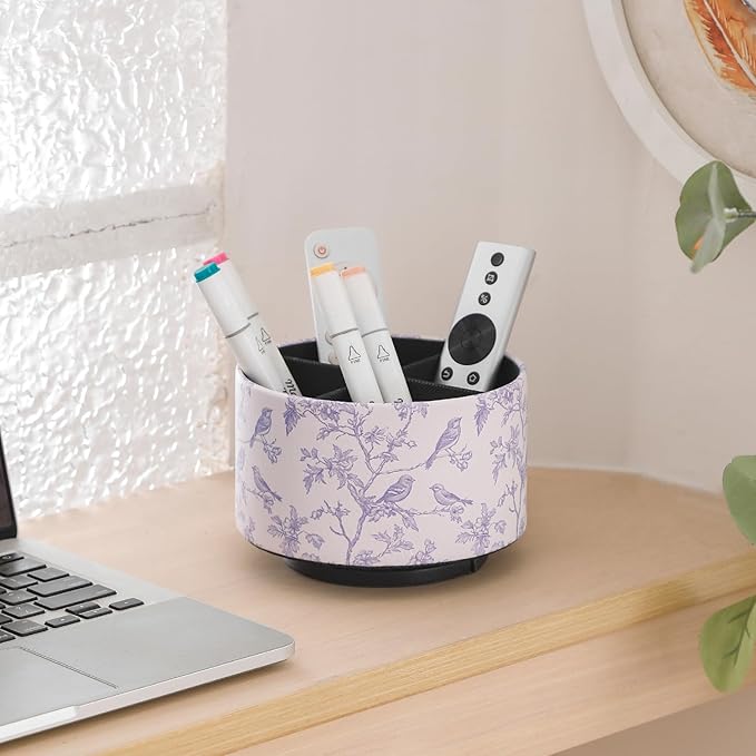 Rotating Remote Control Holder, 360 Spinning Desk Organizer Caddy for Coffee Table, Living Room & Nightstand, PU Leather TV Remote Caddy, Pen Pencil Holder for Desk, Blue Bird PH127