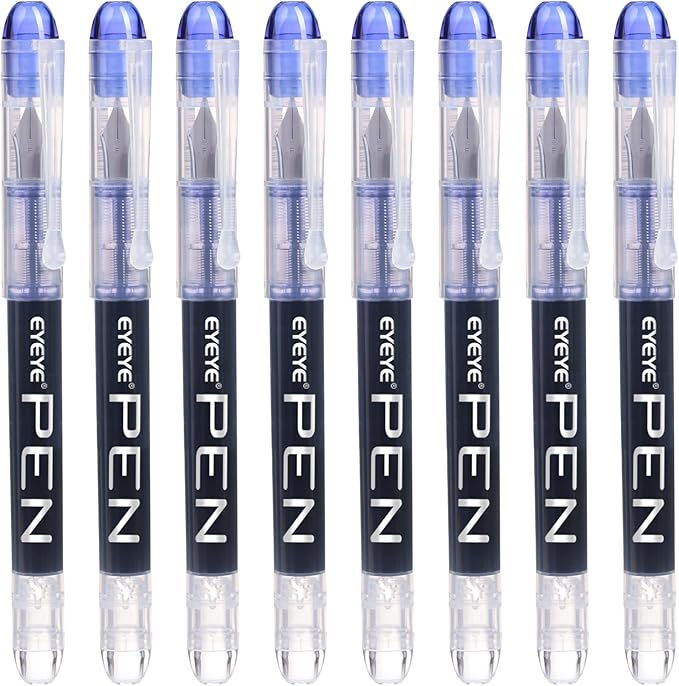 EYEYE Disposable Fountain Pens Fine Point, 8 Pack Blue Pens for Writing, Stainless Steel Nib, Smooth Writing for Journaling, Drafting, Sketching, Doodling & Office Supplies