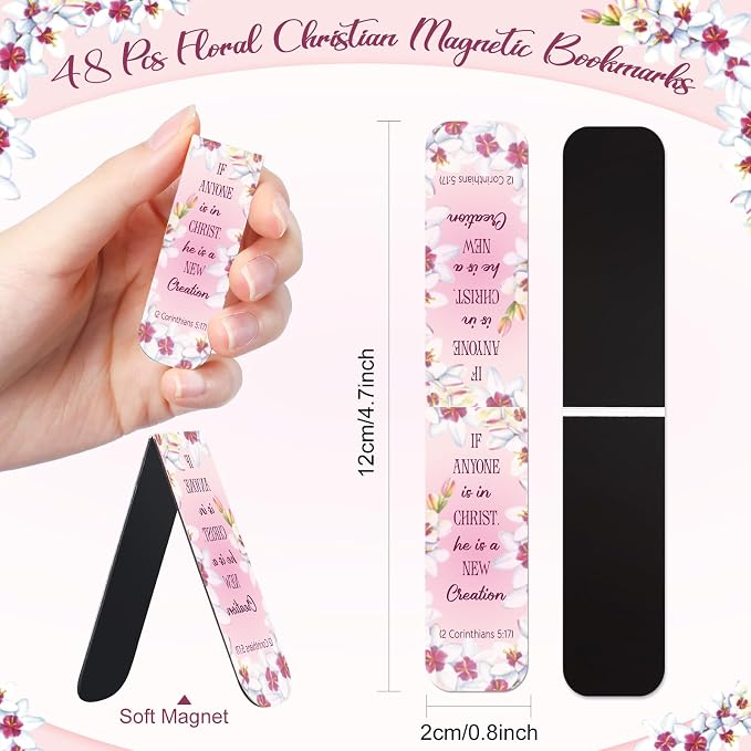 Zonon 48 Pcs Bible Verse Magnetic Christian Bookmarks, 0.8x4.7in Inspirational Scripture Book Markers for Women Men Religious Motivational Flower Page Clips Book Lovers Reading Gifts(Flower Style)