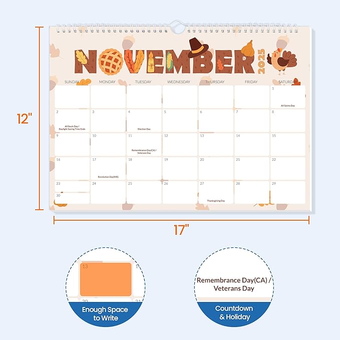 SUNEE Calendar 2026 18 Months Wall Calendar Oct. 2025 - Mar. 2027, 17"x12" Horizontal Hanging Calendar with Past Month and Next Month for Organizing & Planning, Cute