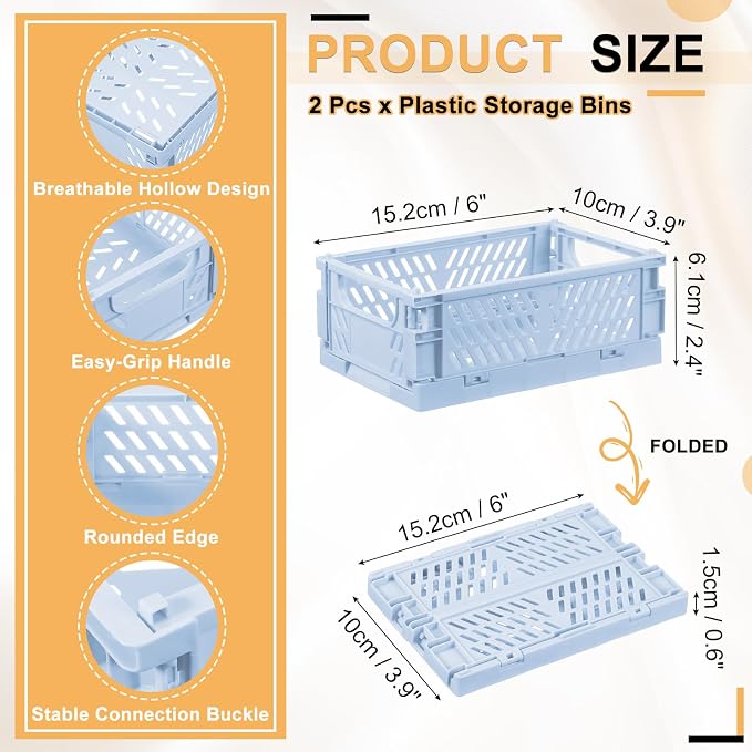 uxcell 2Pcs Small Plastic Storage Baskets, 6 x 3.9 x 2.4 Stackable Foldable Storage Bins with Handles Collapsible Crates for Home Office Shelves Closet Books Organizing, Light Blue