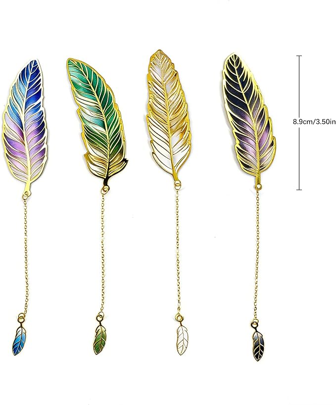 4Pcs Fantasy Feather Bookmarks for Books, Metal Bookmark with Chain, Unique Reading Accessories for Women Book Lovers, Teachers, Students