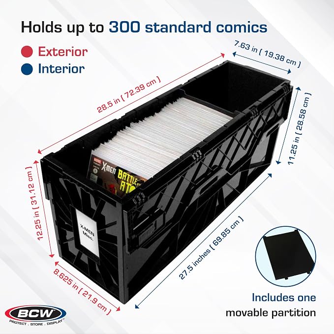 BCW Long Comic Book Bin - 2 Pack | Heavy Duty Comic Book Storage Box | Stackable Comic Bin Organizer for 300 Comics Each | Acid-Free Plastic Box with Divider & Label Slot