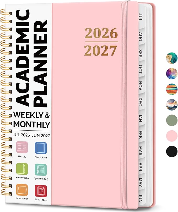 Academic Planner 2026-2027, Weekly and Monthly Calendar Planner Book, July 2026 – June 2027, Hardcover Organizer with Tabs, Perfect for Teachers, Students, Women & Men, A5 (6.4" x 8.5") - Pink