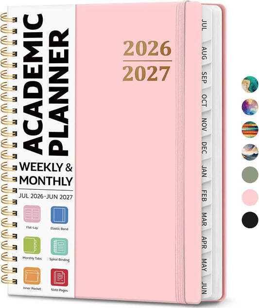 Academic Planner 2026-2027, Weekly and Monthly Calendar Planner Book, July 2026 – June 2027, Hardcover Organizer with Tabs, Perfect for Teachers, Students, Women & Men, A5 (6.4" x 8.5") - Pink