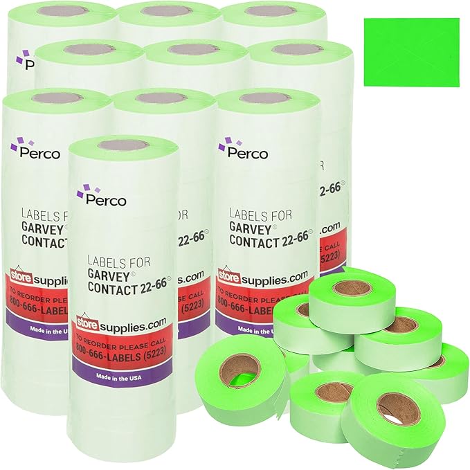 Perco Fluorescent Green Garvey 2216 Pricing Labels for Garvey 22-66/22-77/22-88 Two Line Pricing Gun - 90 Rolls, 10 Sleeves - 90,000 Pricemarking Labels and 10 Inker Included