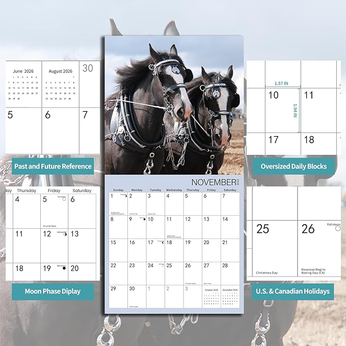 2026 Wall Calendar,Calendar 2026,Horse Cattle Monthly Wall Calendar, 12" x 24" Open,Family Planner Calendar, Home & Office Organizer,Hangable