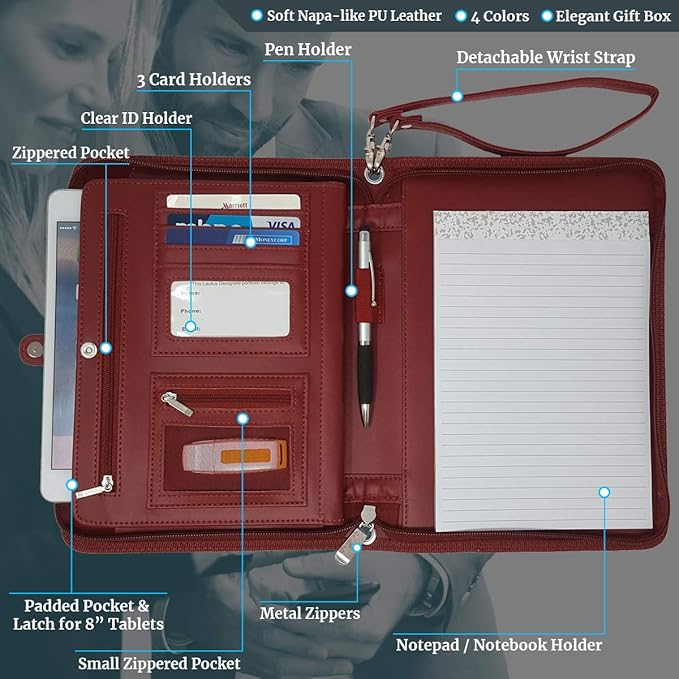 Customized Junior Zippered Leather Padfolio - Name/Logo Printed on Burgundy PU Leather Portfolio Binder & Organizer Folder with 8 Inch Tablet Sleeve & with Junior Legal Notepad