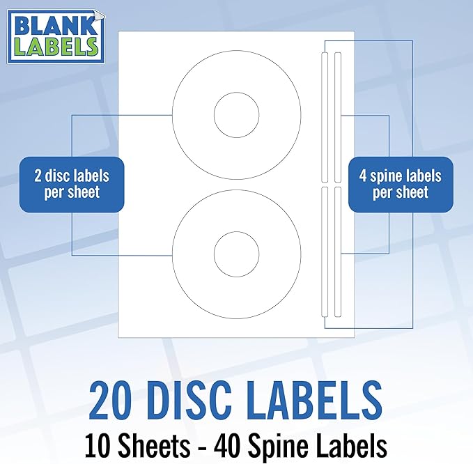 CD/DVD Label Full Face | Qty 20 Disc, 40 Spine | 10 Sheets Total | Permanent White Matte | Compatible with Inkjet and Laser Printer | Blank Labels