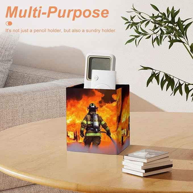 Firefighter Fireman Flame Pencil Holder Waterproof PU Pen Cup Holders Women Makeup Brush Holder Desktop Pen Organizer for Office Desk Accessories