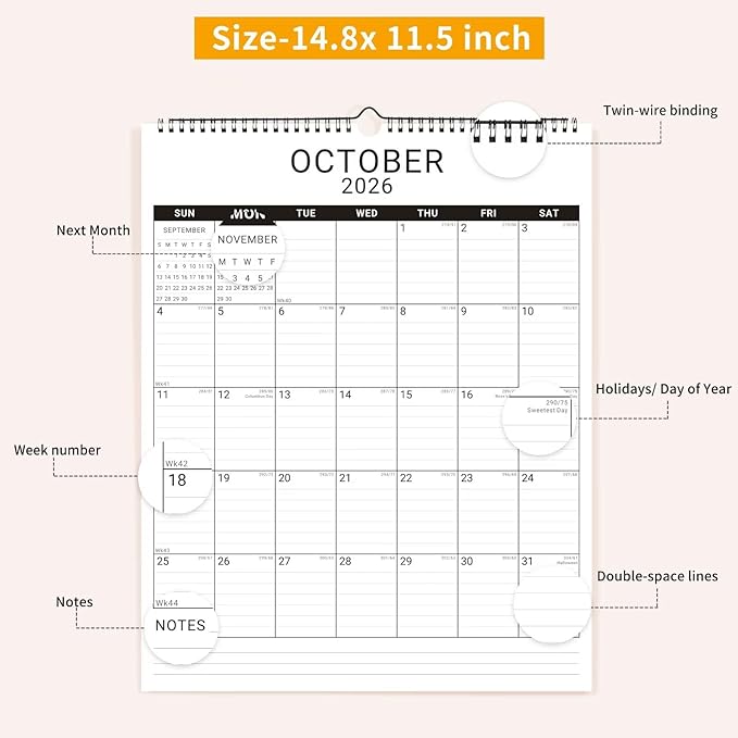2026 Wall Calendar, 12 Month 11.5”x14.8 ‘’ Year Monthly Organizer from January 2026-2027 Vertical Blank Simple Spiral Bound Wire Hanging Calendar w/ Lines for Family, Home, Kitchen, Office White2