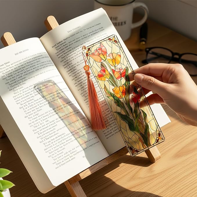 4 Pcs Stained Glass Art Bookmarks for Reading Women, Flower Transparent PVC Bookmark with Tassels, Cute Book Accessories, Unique Book Marks for Bookish, Birthday Christmas Gift