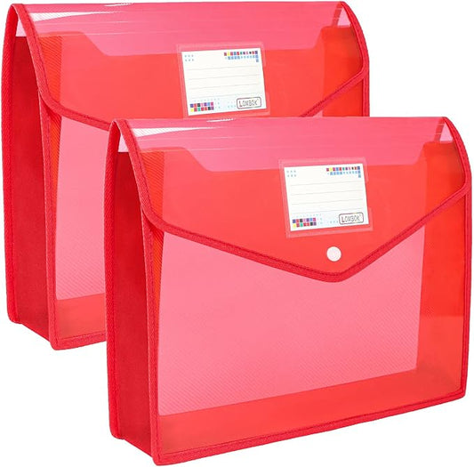 YoeeJob Plastic File Folders Legal Size 2 Pcs, Expandable Document Folder with Snap Button Closure, A4 Expanding File Wallet Envelopes Pouch with Label Pocket, Red