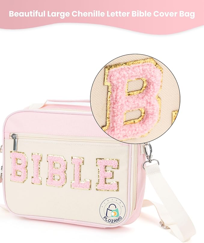 PLOZANO Bible Cover Case for Women, Large Chenille Letter Bible Bag with Shoulder Strap,Pink Bible Carrying Tote Bags for Bible Study Accessories, for Women Lady Teen Grils