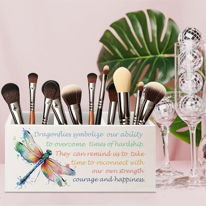 Inspirational Dragonfly Wooden Pen Pencil Holder for Office Desk Accessories, Motivational Gifts for Women, Encouragement Gifts Makeup Brush Toothbrush Holder Organizer