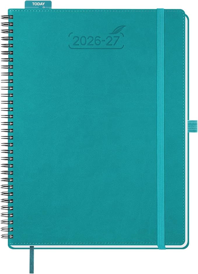 BEZEND Weekly Planner 2026-2027 (8.5" x 11") with Hourly Timeslots (Jul 26-Dec 27) 18 Months Academic Calendar & Monthly Tabs, for Students, Work & Home, Spiral PU Leather Softcover -Turquoise