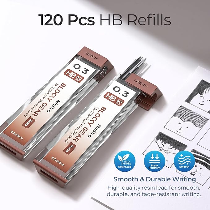 Nicpro Blocky Gear 0.3 mm Mechanical Pencils Set in Case, Metal Pencil with 120 PCS Lead Refills, Eraser for Professional & Adult Art Writing Drafting Drawing