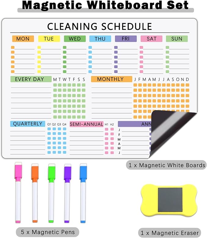 Cleaning Checklist Dry Erase Magnetic Whiteboard for Refrigerator – Daily, Weekly & Monthly Planner with 5 Highlight Markers & Eraser – Household Chore Schedule, Kitchen Organizer, Family Task Planner