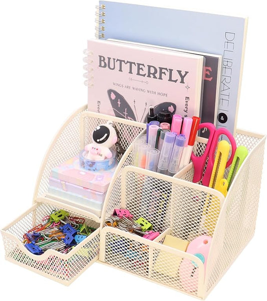 Boutilon Mesh Desk Organizer Desktop Office Supplies Stationary Organizer with 6 Compartments and 1 Drawer Multi-Functional Caddy Pen Holder for Home Office School Desk Decor(Beige)