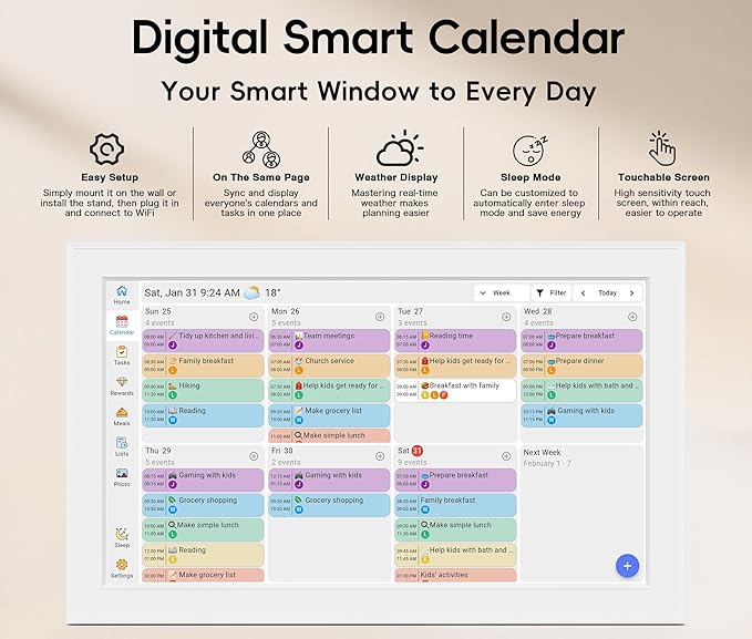 Digital Calendar, 15.6-inch Smart WiFi Electronic Calendar Wall Planner & Chore Chart, Interactive Touch Screen HD Display for Family Schedules, Meal Plan, Photo Display, Desktop & Wall Mountable