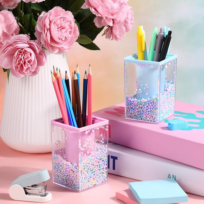 Zonon 2 Pieces Bubble Pen Holder for Desk Cute Makeup Brush Organizer & Pencil Holder with a Playful Sphere Design, Kawaii Desktop Accessories for Women, Office & School(Blue and Pink)
