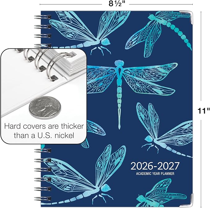 HARDCOVER Academic Year 2026-2027 Planner: 14 Months (May 2026 Through June 2027) 8.5"x 11" Daily Weekly Monthly Planner Yearly Agenda. Bookmark, Pocket Folder and Sticky Note Set (Dragonflies)