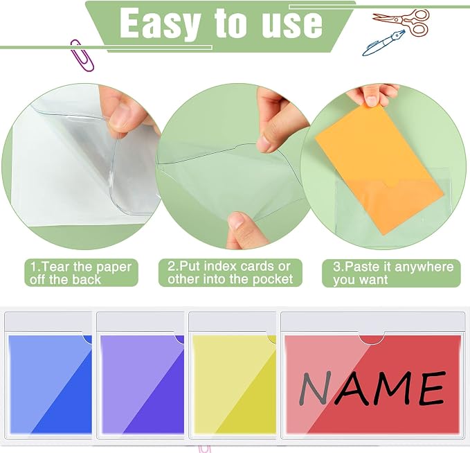 Chinco 30 Pcs Self Adhesive Pockets, Bin Labels for Storage Bins, Clear Pocket Label Sleeves, Plastic Index Card Holder with Top Open for Organizing Bins Box Drawer(3 x 5 Inches)