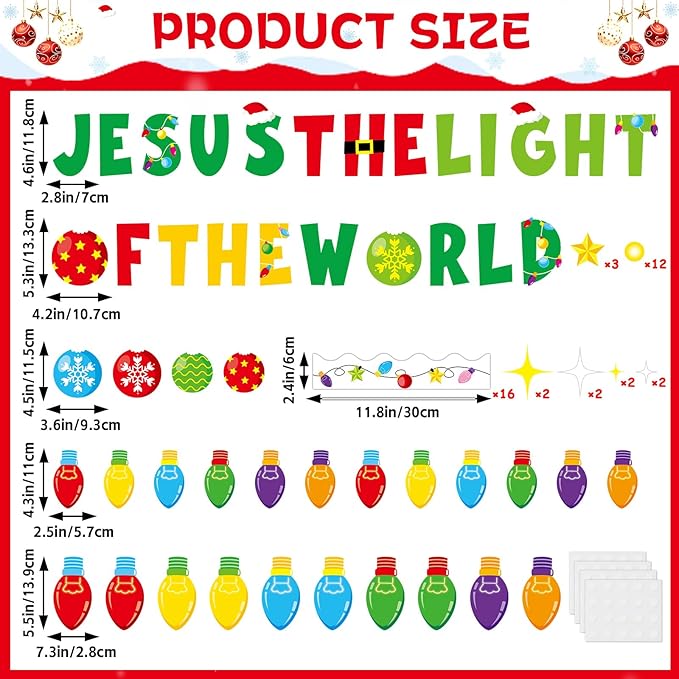 Christmas Bulletin Board Decorations Christian Jesus The Light of The World Paper Cutouts Bible Verse Colorful Light Bulb Bulletin Board Set for Xmas Winter Sunday School Church Wall Decoration Favor