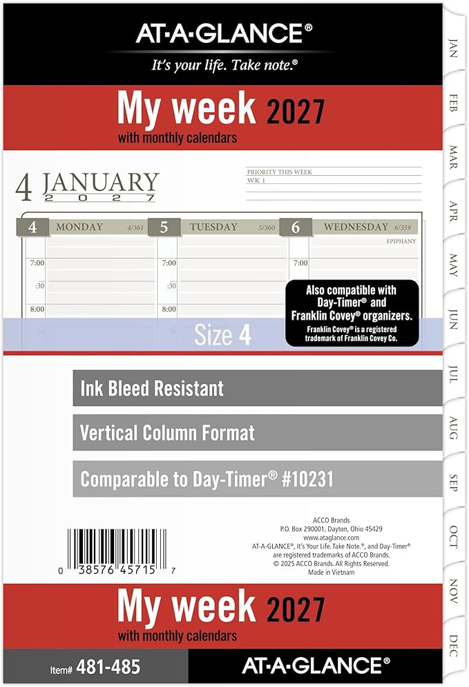 AT-A-GLANCE 2027 Planner Refill, Weekly & Monthly, 5.5" x 8.5", Desk Size 4, Column-Style, Tabbed, 7-Ring Loose-Leaf (481-485-27)
