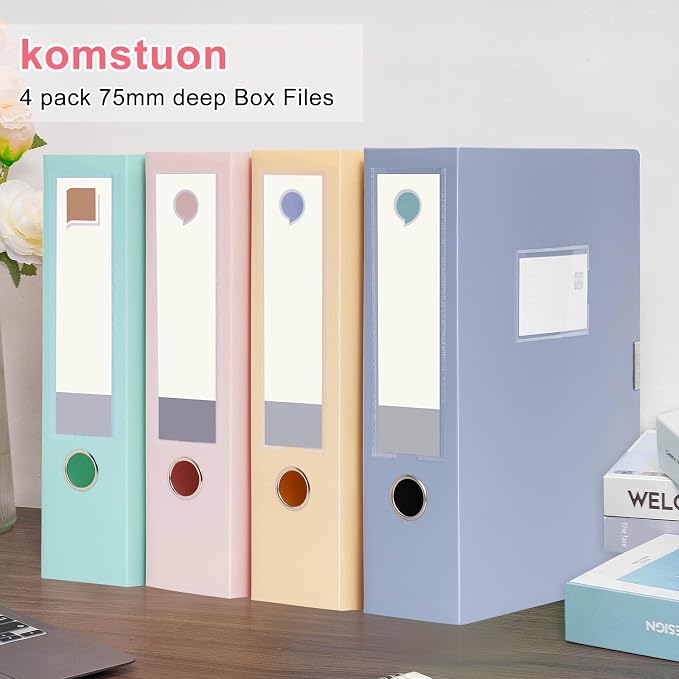A4 Storage Archives Cases File Boxes Plastic Archives Cases with Lid, Box File, Height 75mm,4 Colores Folding Document Storage Box for Office、Homes and School-4 Pack