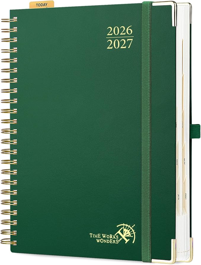 POPRUN 2026-2027 Daily Planner One Page Per Day, Large Size 8.5" x 12", Daily Calendar Book with July 2026 to June 2027, Academic Hardcover Appointment Book with Hourly Time Slots, Spiral Bound, Monthly Tabs - Dark Green