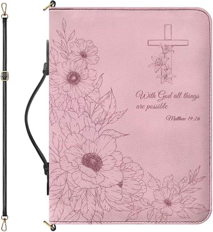 Pink Bible Covers for Girls, Large Faux Leather Bible Cover Case with Zipper, Handle & Detachable Adjustable Strap – Floral Design with Matthew 19:26 – Christian Gift for Church or Study