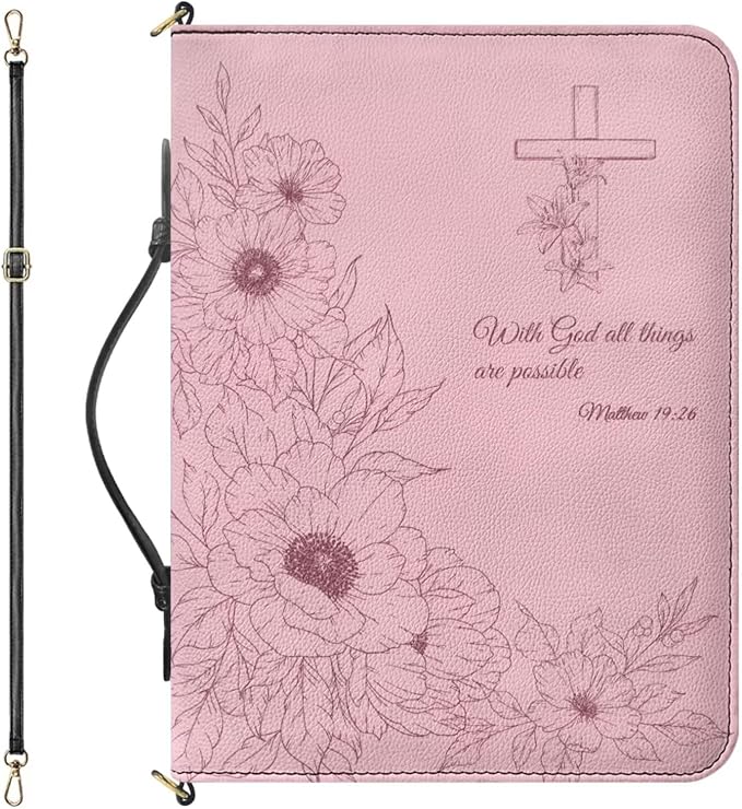 Pink Bible Covers for Women, XXL Faux Leather Bible Cover Case with Zipper, Handle & Detachable Adjustable Strap – Floral Design with Matthew 19:26 – Christian Gift for Church or Study