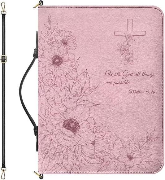Pink Bible Covers for Girls, Medium Faux Leather Bible Cover Case with Zipper, Handle & Detachable Adjustable Strap – Floral Design with Matthew 19:26 – Christian Gift for Church or Study