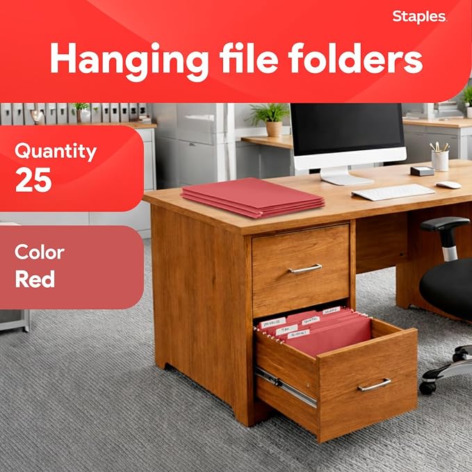 Staples Hanging File Folders, Letter Size, Red, 1/5‑Cut Tabs, Tear‑Resistant Durable Construction – 25/Pack