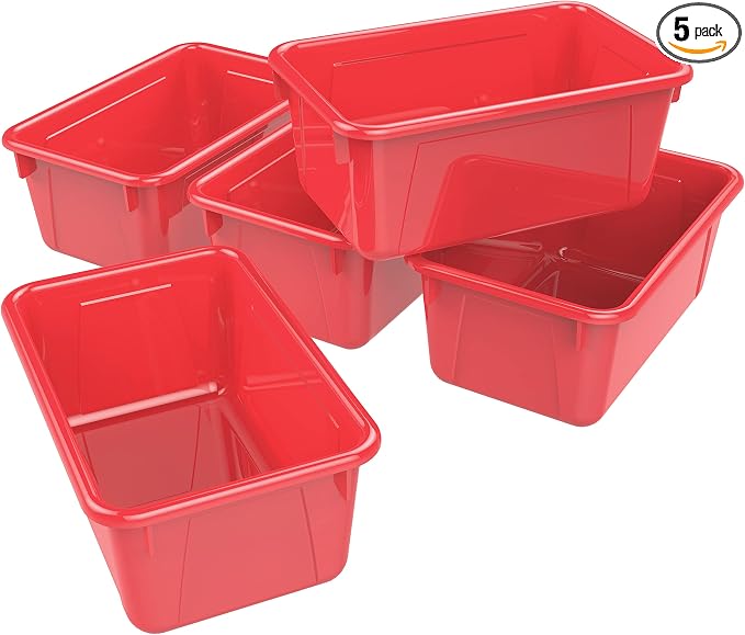 Storex Small Cubby Bins – Plastic Storage Containers for Classroom, 12.2 x 7.8 x 5.1 inches, Class Red, 5-Pack (62415A05C)