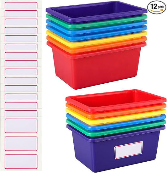 Zonon 12 Pcs Plastic Cubby Storage Bins Classroom Cubby Organization Storage Containers with 1 Pack Self Adhesive Labels Bin for Office School Library Home(Colorful,15.51 x 11.57 x 4.92)