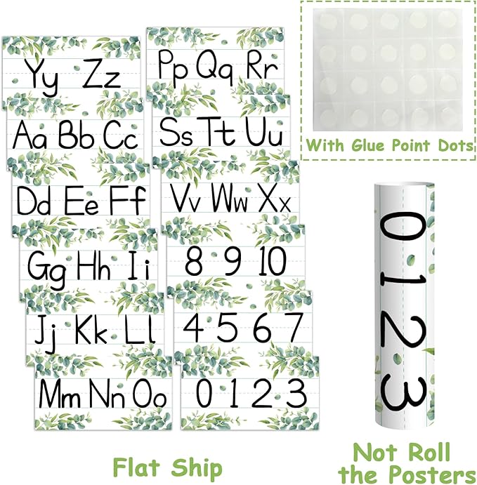 12 Pieces Alphabet Bulletin Board Strips Set Greenery Alphabet Line ABC Alphabets Banner & Number Border Posters for Preschool Kindergarten Classroom Bedroom Playroom (Eucalyptus)
