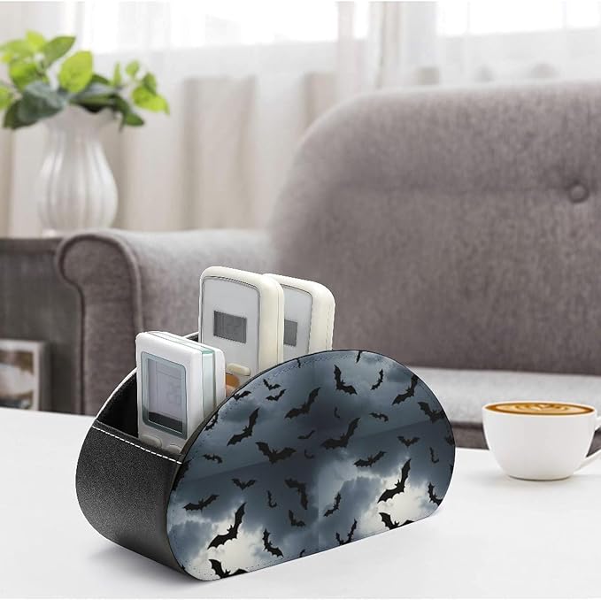 PU Leather Remote Desk Holder, 5-Slot Organizer for TV Controllers, Makeup Brushes, and Office Supplies, Bat