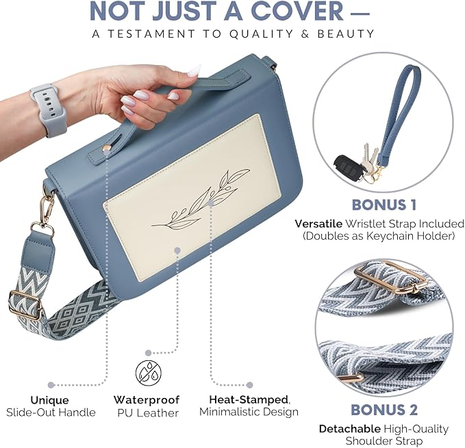 Bible Cover Case for 7 X 9 inch Books, Bible Cases for Woman, Standard PU Leather Bible Covers for Women w/Shoulder Strap, Zipper Closure, Ideal for Christian Art Gifts Bible Cover, Grey