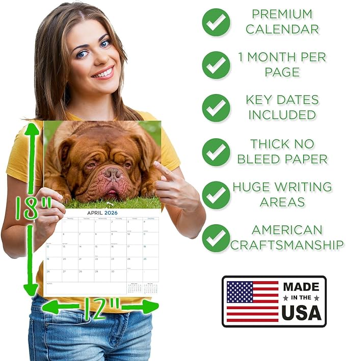2025 2026 Dogue De Bordeaux Calendar - Dog Breed Monthly Wall Calendar - 12" x 18" Open - Thick No-Bleed Paper - Giftable - Academic Teacher's Planner Calendar Organizing & Planning - Made in USA