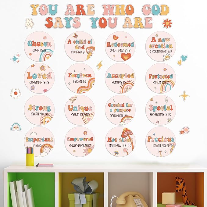 Qyeahkj Christian Bulletin Board Decorations Inspirational Bulletin Board Sets Groovy Hippie God Says You are Cutouts Motivational Religious Classroom Wall Decor for School Home Church Supplies