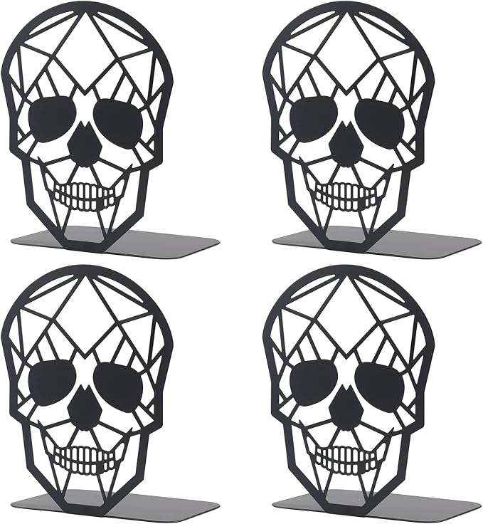 2 Pairs Black Skull Design Bookend Metal Book Ends, Heavy Duty Bookends for Shelves Desk, Skull Book Shelf Holder for Heavy Books, Decorative Desktop Organizer Home Office