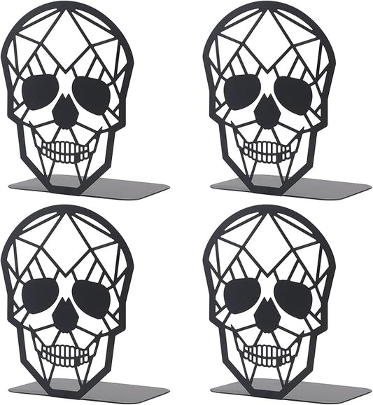 2 Pairs Black Skull Design Bookend Metal Book Ends, Heavy Duty Bookends for Shelves Desk, Skull Book Shelf Holder for Heavy Books, Decorative Desktop Organizer Home Office