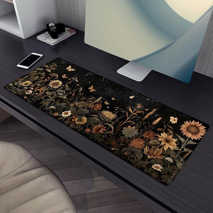 Sunflower Mouse Pad，Vintage Plants Gaming Keyboard Mat，Laptop Computer Protector with Non-Slip Rubber Base，Large Extended MousePads Gifts for Desk Office Home，Deskmat Decor 31.5" x 11.8"