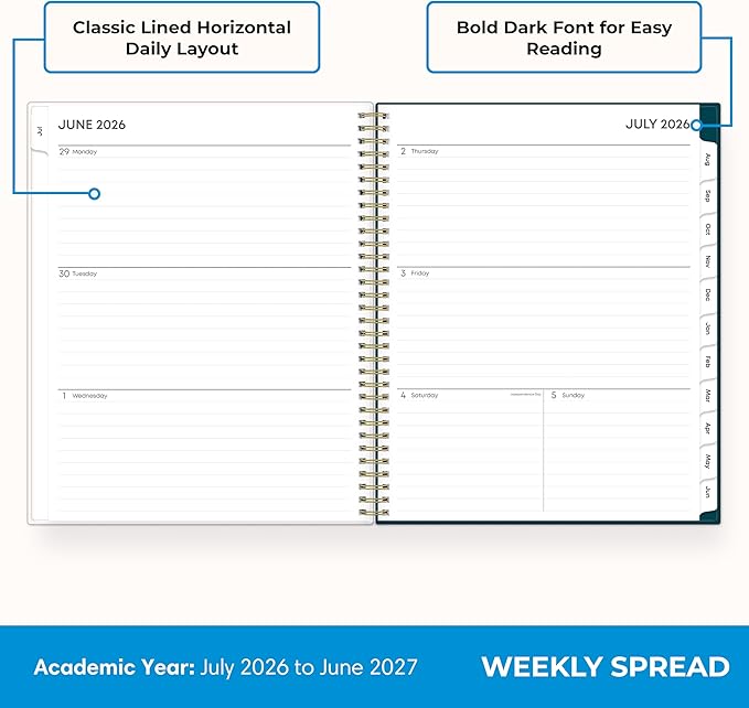 Blue Sky 2026-2027 Weekly and Monthly Academic Year Planner Calendar, July 2026 - June 2027, 8.5" x 11", Flexible Cover, Wirebound, Storage Pocket, Laminated Tabs, Greta